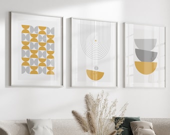 Yellow Wall Art Prints in a Set of 3, Boho Wall Art, Boho Wall Decor, Yellow and Grey Wall Art, Yellow and Grey, Mustard & Grey, Ochre Decor