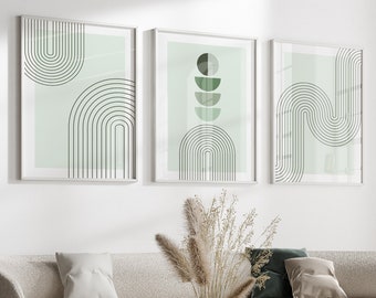 Stampe da parete Boho verde salvia in set da 3, decorazioni da parete Boho, decorazioni da parete verdi, stampe Boho, stampe di metà secolo verde salvia, stampe astratte