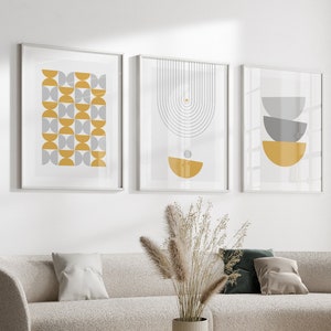 Yellow Wall Art Prints in a Set of 3, Boho Wall Art, Boho Wall Decor, Yellow and Grey Wall Art, Yellow and Grey, Mustard & Grey, Ochre Decor