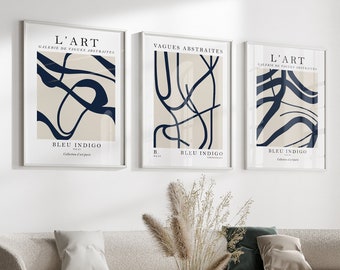 Blue Abstract Wall Art Prints in a Set of 3, Modern Art, Navy Blue Wall Prints, Blue Wall Decor, Blue & Grey Wall Art Prints, Navy Blue