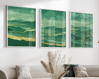 Emerald Green and Gold Abstract Landscape Art Print Set
