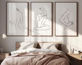 Bedroom Prints – Set of 3 Naked Women Wall Prints, Minimalist Female Line Art, Line Drawn Women, Modern Neutral Gallery Wall Décor