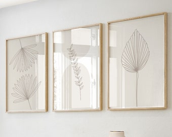 Botanical Wall Art Prints: Neutral Minimalist Plant Set of 3