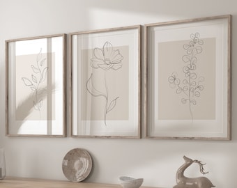 Láminas de arte mural botánico (juego de 3), arte lineal beige, arte mural con plantas neutras, decoración beige para el hogar, láminas de arte mural con líneas florales, arte floral