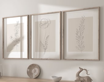 Láminas botánicas para pared (juego de 3), arte mural neutro, arte mural con plantas, arte floral lineal, decoración beige, decoración de pared neutra, arte floral beige
