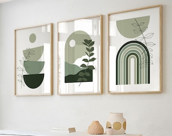 Set De 3 Impressions Murales – Plumes Blanches Sur Fond Vert Sauge, Art Mural Line Art, Déco Intérieur