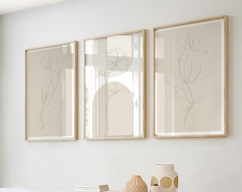 Neutral Wall Art Prints in Set of 3, Botanical Wall Prints, Plant Wall Art, Botanical Line Art, Neutral Home Decor, Natural Wall Art, Beige