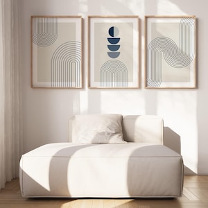 Stampe da parete blu navy in set da 3, colori blu in stile minimalista, archi blu navy, poster geometrici astratti, stampe decorative per pareti del soggiorno