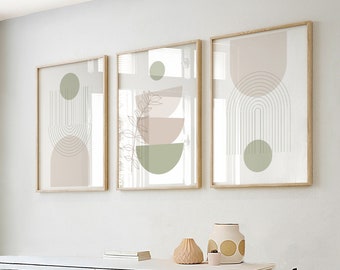 May include: Three framed prints with abstract geometric shapes in shades of green and beige. The prints feature circles, arches, and lines.