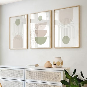 Saliegroene muurafdrukken in een set van 3, bohokunst aan de muur, groene muurafdrukken, groene wanddecoratie, saliegroen, beige, boho wanddecoratie, groene prints