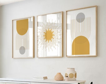 Yellow Wall Art Prints in a Set of 3, Boho Wall Art, Boho Wall Decor, Yellow and Grey Wall Art, Yellow and Grey, Mustard & Grey, Ochre Decor