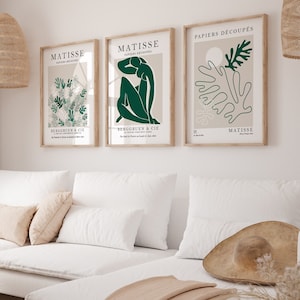 Matisse Druck, Smaragdgrün Henri Matisse Wandkunst, 3-teilige Drucke, Wohnzimmer Poster Set, Grüne Matisse Kunstplakat, Matisse Drucke