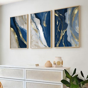 Blue Wall Art Prints in a Set of 3, Abstract Wall Prints, Blue Navy Bedroom Wall Art, Marble Wall Decor, Blue, Gold, Navy Abstract Art