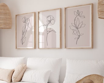 Stampe da parete rosa in set da 3, decorazioni da parete botaniche, stampe da parete con piante, stampe con linee botaniche, decorazioni per la casa rosa, stampe da parete rosa, stampe da parete rosa