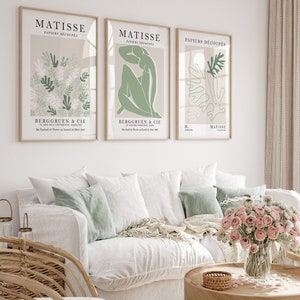 Matisse Druck im 3er-Set, Salbei Grün Henri Matisse Wandkunst, Wohnzimmer Drucke Set, Beige Grün Matisse Wandkunst, Matisse Grün Drucke