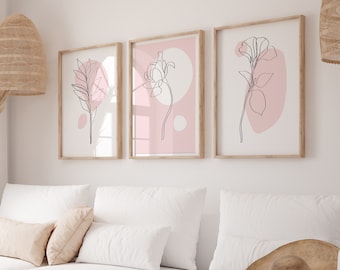 Stampe da parete rosa in set da 3, decorazioni da parete botaniche, stampe da parete con piante, stampe con linee botaniche, decorazioni per la casa rosa, stampe da parete rosa, stampe da parete rosa