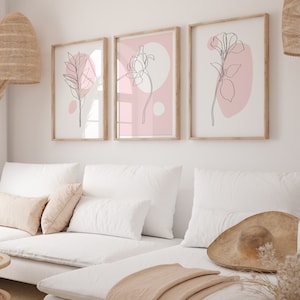 Pink Wall Art Prints in Set of 3, Botanical Wall Decor, Plant Wall Art, Botanical Line Art, Pink Home Decor, Pink Wall Prints, Pink Wall Art