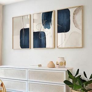 Modern Blue Abstract Wall Art Set of 3 – Navy, Gold Gallery Prints ...