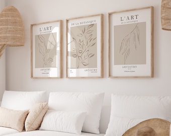 Conjunto de 3 impressões de arte de parede bege, estilo minimalista em cores neutras, pôsteres botânicos abstratos bege, decoração neutra para casa, arte de parede floral