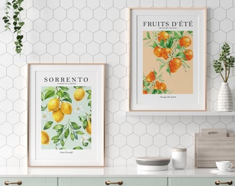 May include: Two framed botanical prints with a white background and a light peach background. The print on the left features a lemon tree with green leaves and yellow lemons. The print on the right features an orange tree with green leaves and orange oranges. The text on the left print reads "SORRENTO ALBERO DI LIMONE Cedi D'Aranci". The text on the right print reads "FRUITS D'ÉTÉ BRANCHE ORANGE Oranges De Jardins".