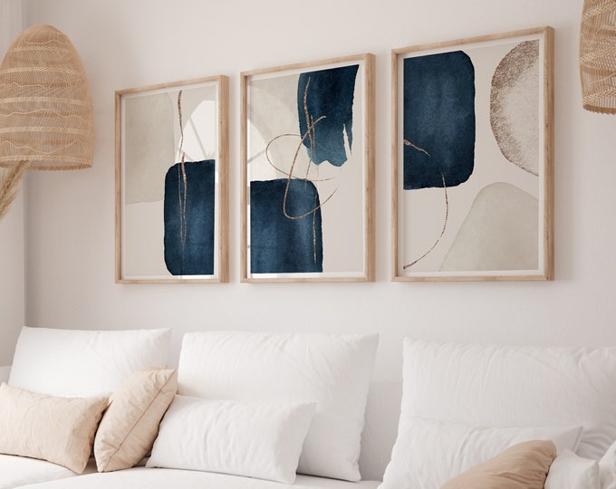 Navy Blue and Gold Wall Art · Set of 3 Prints · Abstract Art · Dark ...
