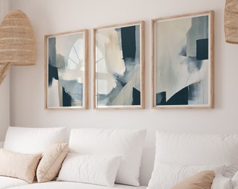 Navy Blue Wall Art Prints in a Set of 3, Modern Art Print, Blue Wall Prints, Blue Wall Decor, Blue Abstract Wall Art Prints, Living Room Art