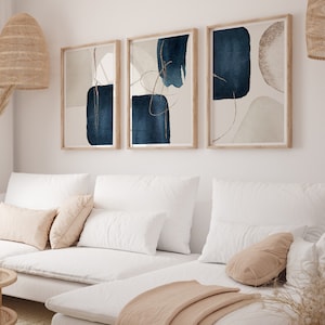 Modern Blue Abstract Wall Art Set of 3 – Navy, Gold Gallery Prints, Contemporary Bedroom, Hallway or Living Room Decor Pictures