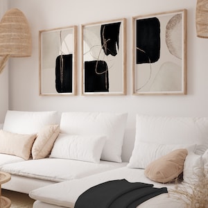 Black and Gold Wall Art Prints in a Set of 3, Black Beige Gold Abstract Art, Minimalist Wall Decor, Living Room Decor, Neutral Gallery Wall