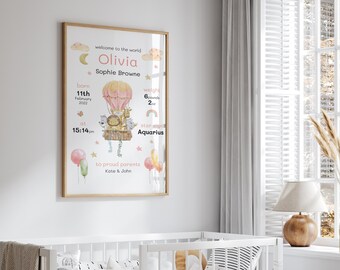 New Baby Girl Gift, New Baby Gift Personalised, New Baby Print, Christening Gift, Birth Details Print, Birth Stats, Safari Nursery Decor