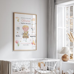 New Baby Girl Gift, New Baby Gift Personalised, New Baby Print, Christening Gift, Birth Details Print, Birth Stats, Safari Nursery Decor