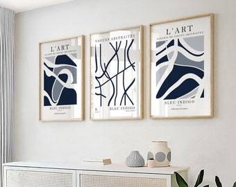 Blue Abstract Wall Art Prints in a Set of 3, Modern Art, Navy Blue Wall Prints, Blue Wall Decor, Blue & Grey Wall Art Prints, Navy Blue