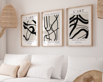 Black & Beige Wall Art Prints In Set of 3, Abstract Art, Neutral Wall Decor, Neutral Abstract Prints, Living Room Prints, Black, Beige Decor