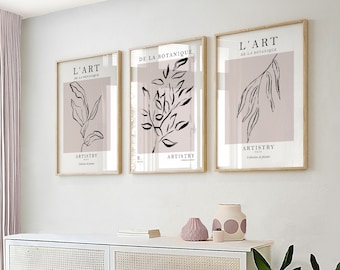 Stampe da parete rosa in un set di 3, decorazioni da parete botaniche, stampe da parete con piante, stampe botaniche, decorazioni per la casa rosa, stampe da parete rosa, decorazioni rosa