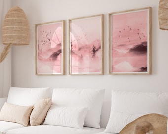 Pink Wall Art Prints Set of 3, Pink Landscape Abstract Wall Art Prints, Pink Wall Prints, Pink Living Room Wall Decor, Pink Bedroom Decor