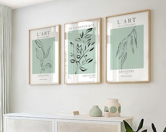 Set van 3 muurafdrukken, saliegroene muurkunst, groene muurafdrukken, groene muurdecor, botanische prints, saliegroen, natuurlijk muurdecor, kunst aan de muur