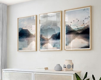 Blue Wall Art Prints in Set of 3, Nordic Home Décor, Sunrise Abstract Painting, Landscape Gallery Wall Art, Livingroom Mountain Posters