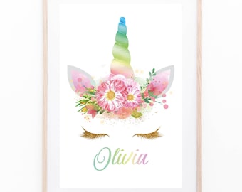 Personalised A4 Unicorn Glitter Prints Pink Rainbow Floral Eyelash GIRLS BEDROOM