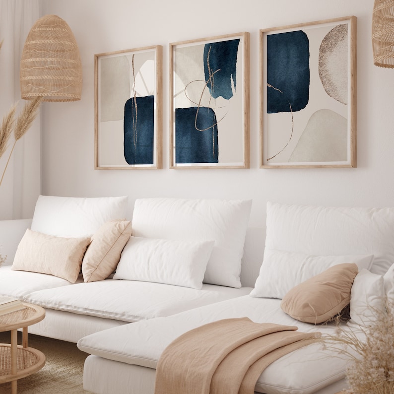 Modern Blue Abstract Wall Art Set of 3 – Navy, Gold Gallery Prints ...