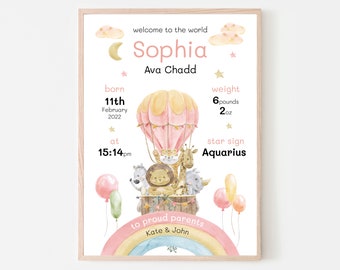 New Baby Girl Gift, New Baby Gift Personalised, New Baby Print, Christening Gift, Birth Details Print, Birth Stats, Rainbow Nursery Decor