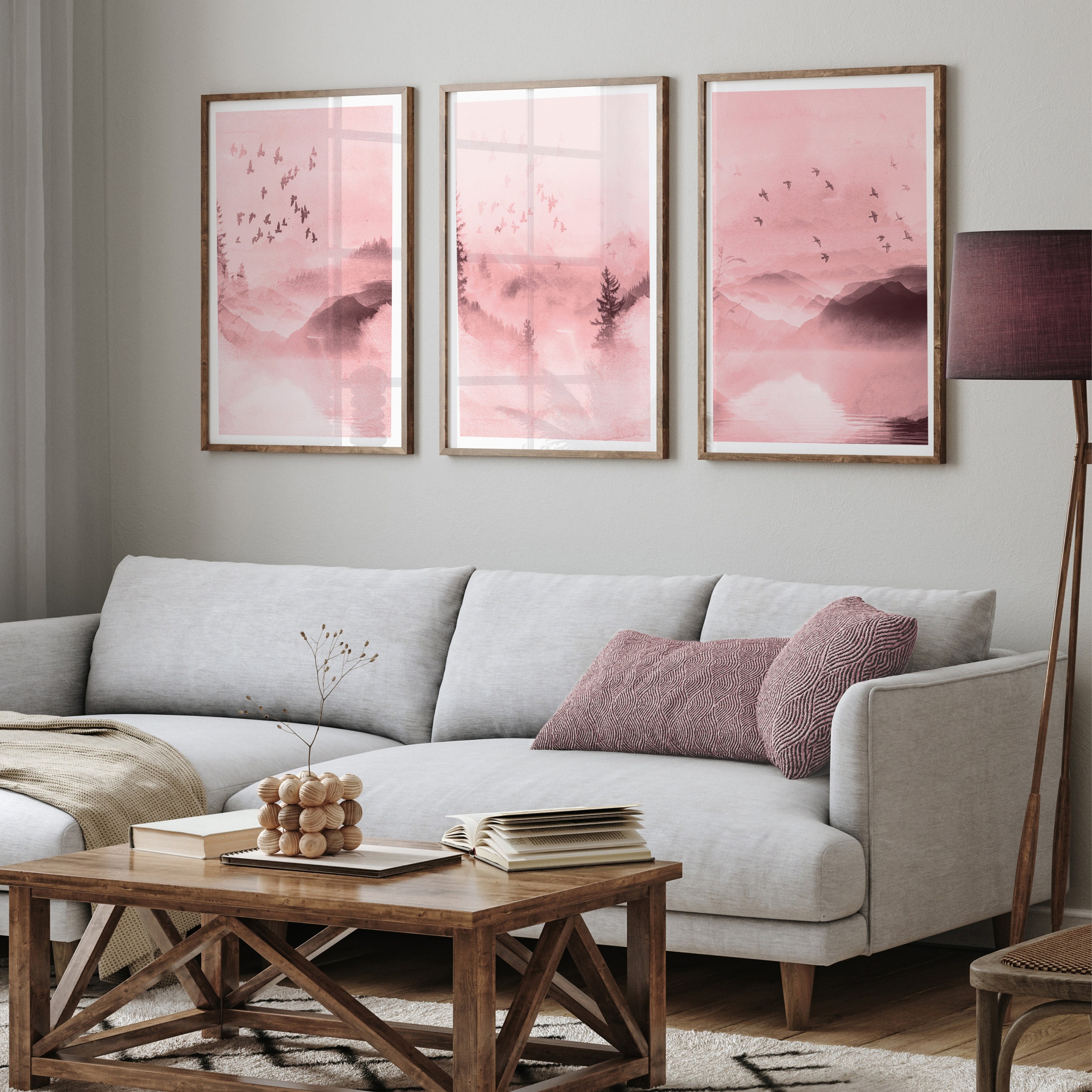 Pink Wall Art Prints Set of 3, Pink Landscape Abstract Wall Art Prints ...