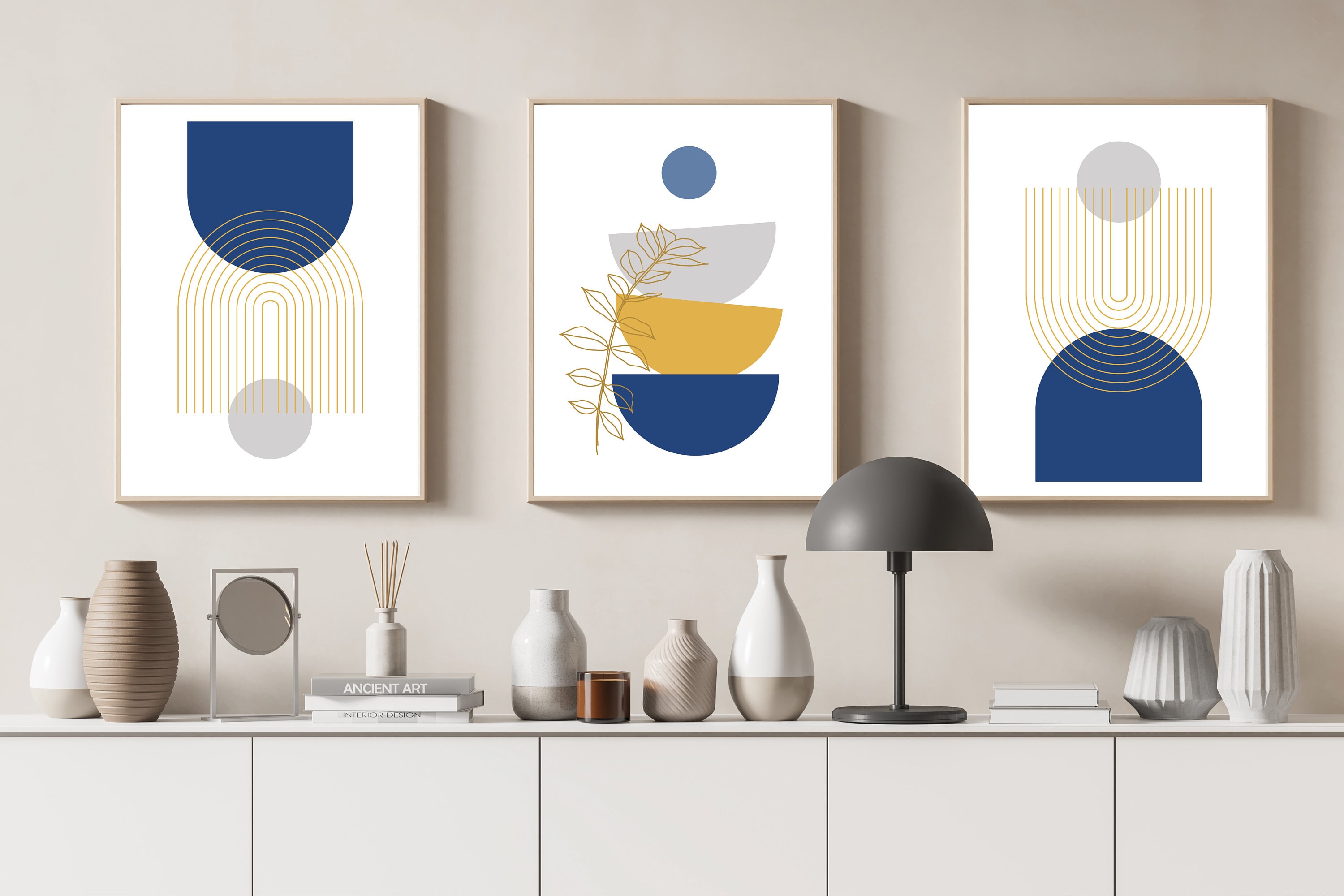 Yellow and Blue Wall Art Prints in a Set of 3, Boho Wall Art, Boho Wall ...
