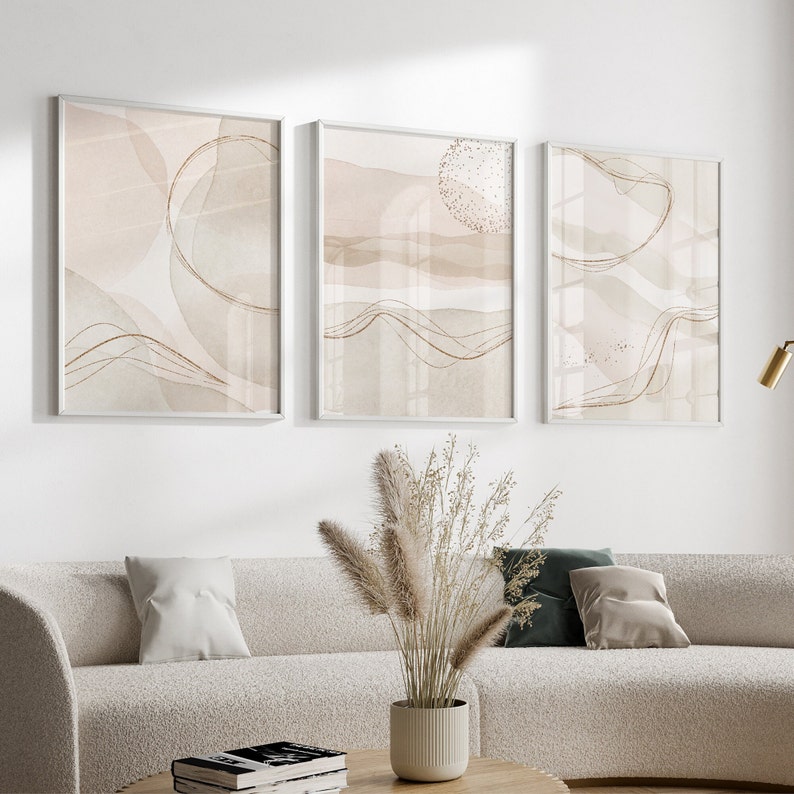 Beige and Rose Gold Wall Art Prints Set of 3, Neutral Abstract Art ...