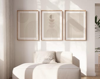 Beige Wall Art Prints In Set of 3, Minimalist Style Neutral Colours, Beige Arches, Geometric Abstract Posters, Living room Wall Decor Prints