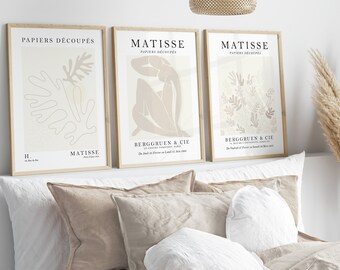Juego de 3 láminas de Henri Matisse en beige, decoración neutra para el hogar, láminas marrones, póster de Matisse, láminas de Matisse