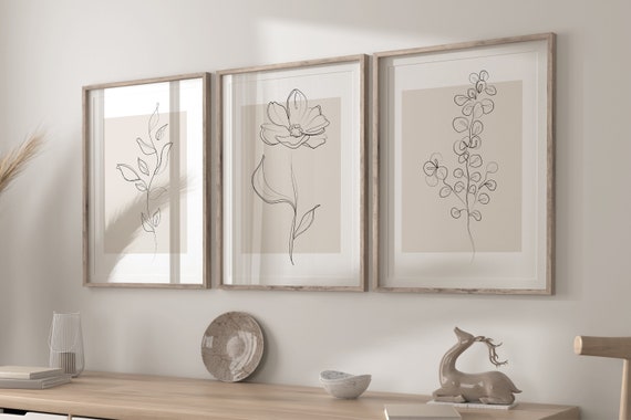Botanical Wall Art Prints in Set of 3, Beige Line Art, Neutral Plants Wall Art, Beige Home Decor, Floral Line Wall Art Prints, Floral Art