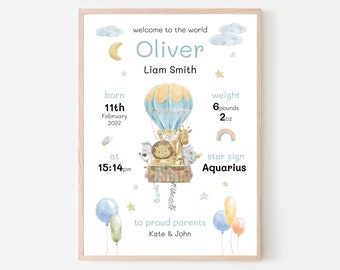 New Baby Boy Gift, New Baby Gift Personalised, New Baby Print, Christening Gift, Birth Details Print, Birth Stats, Safari Nursery Decor