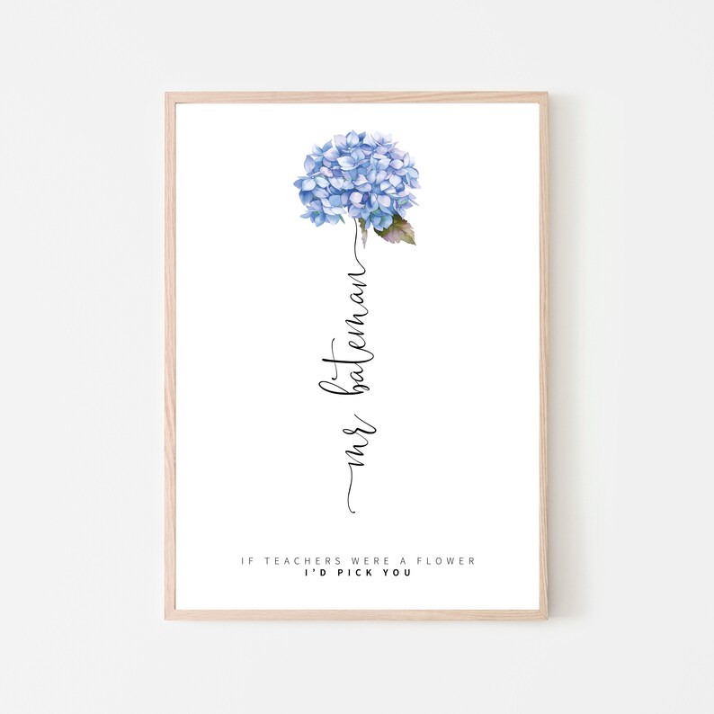May include: A printable art print with a blue hydrangea flower and the text "If teachers were a flower I'd pick you" and the name "mrs. bateman" written vertically.