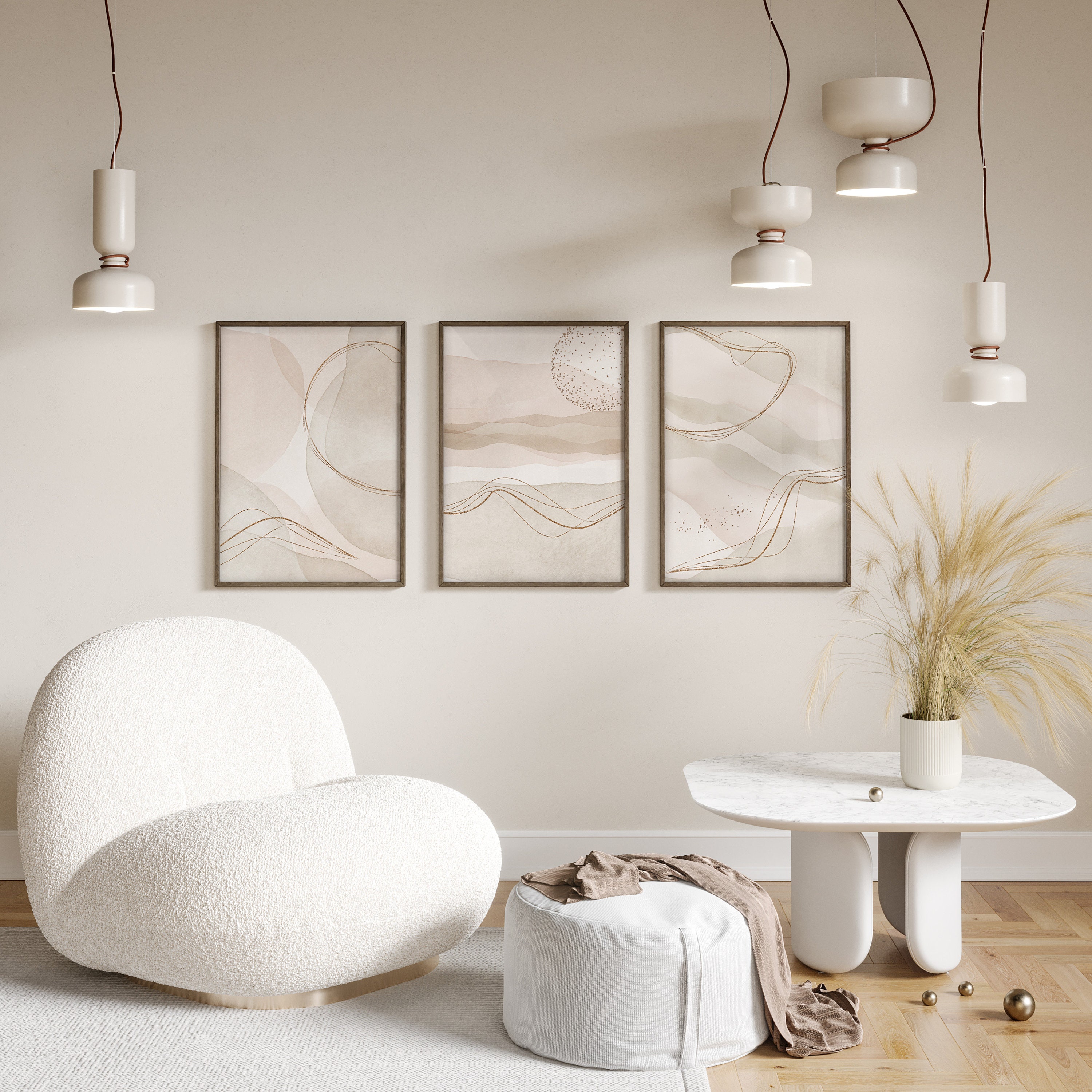 Beige and Rose Gold Wall Art Prints Set of 3, Neutral Abstract Art ...