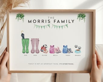 Personalised Family Print, Personalised Family Picture Custom Family Portrait Gift Welly Boot Print Our Family Print Gift for Mum Dad Family