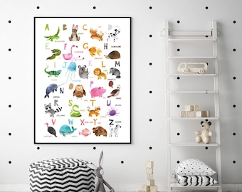 Impressão de alfabeto de animais para berçário: arte de parede ABC em aquarela